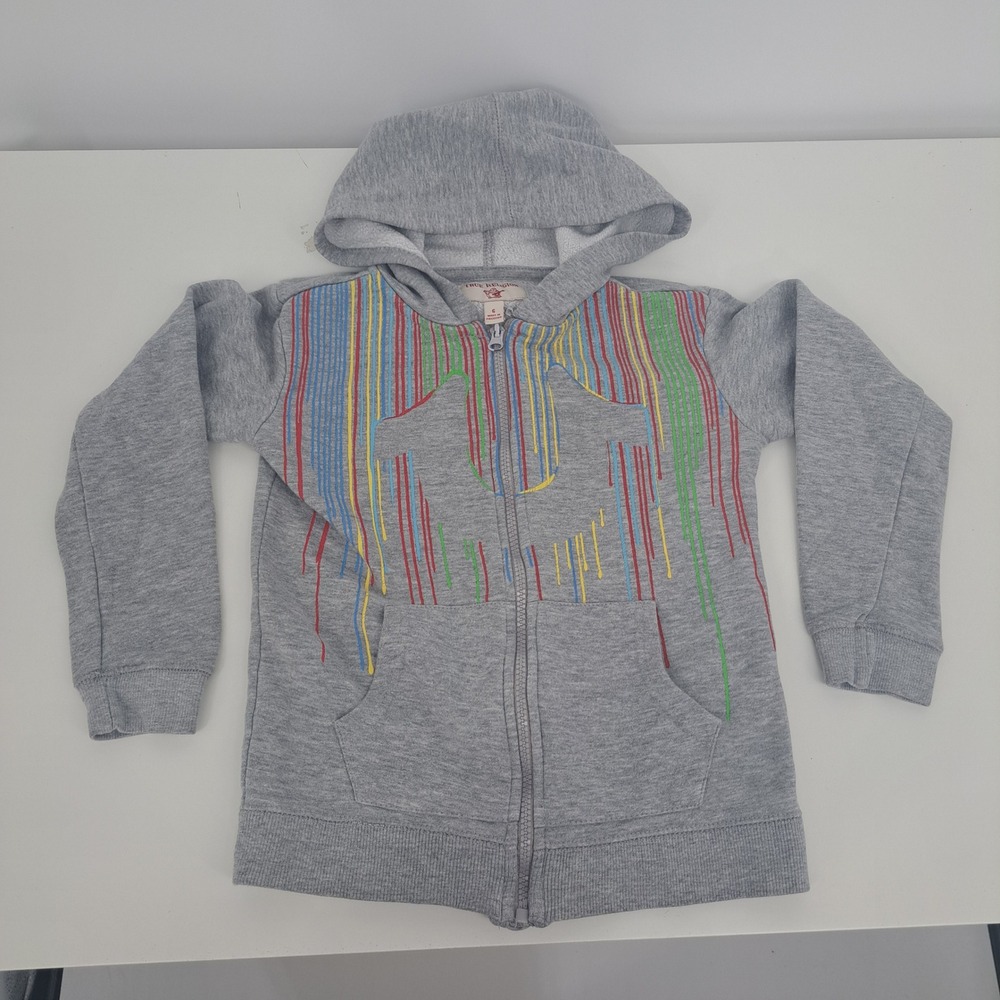 True Religion Boys Gray Full Zip Hoodie Rainbow Drip Logo Size 6 Y2K Streetwear